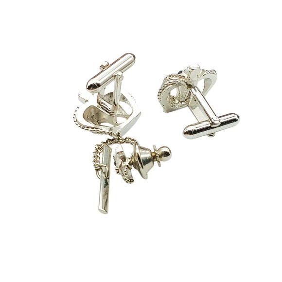 Vintage Swank Crown Cufflinks & Tie Tack Set With Blue Stone Accents - Picture 2 of 2